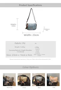 Detailed size chart and multi-color specifications for PU leather crossbody pillow bag