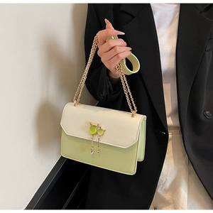Détail d'un sac bandoulière vert clair avec boucle chat dorée et bandoulière chaîne