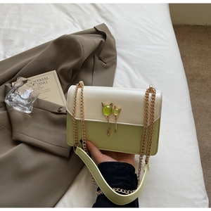 Détail de la boucle de chat dorée et du pendentif vert sur le sac bicolore à chaîne