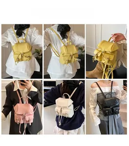 Litchi texture mini backpack with drawstring closure and adjustable straps shown in four colors