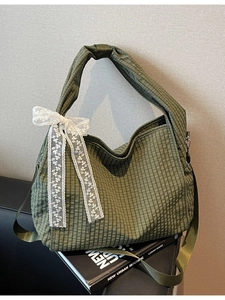 Women Plaid Canvas Tote Bag With Lace Bow Large Capacity Shoulder Crossbody Bag For Casual Daily Commuting School Student Handbag