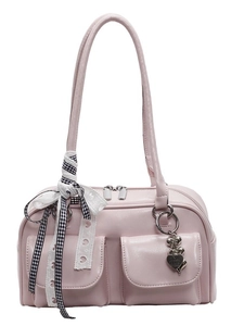 Pink PU leather Boston shoulder bag with heart charms and decorative lace ribbon