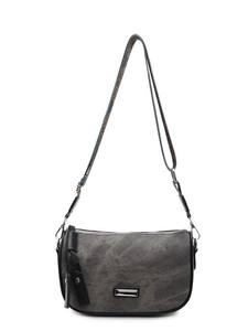 Chic dark grey pillow bag with adjustable patterned strap and retro metal logo detail