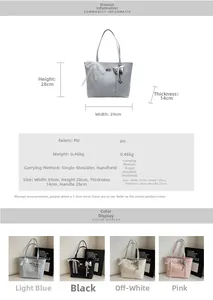Detailed dimension chart and size guide for large PU leather tote bag with lace bow