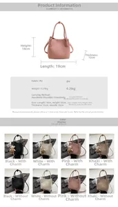 Detailed size chart and multi-color options for the minimal PU leather bucket handbag