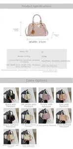Detail view of stylish shell-shaped PU leather bag with size dimensions and specifications