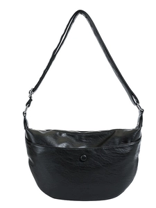 Black crescent dumpling shoulder bag in premium lychee texture with adjustable strap
