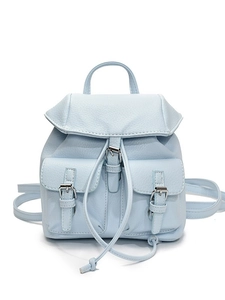 Light blue pebbled leather mini backpack with silver hardware and adjustable straps
