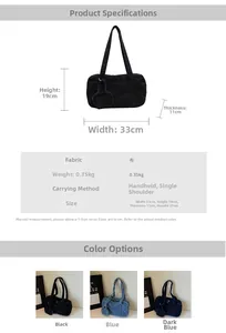 Specifiche dettagliate della borsa in denim: 33x19x11 cm con manico da 27 cm