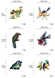 Detailansicht bunter Vogel-Stickereien mit Maßangaben und Gewichtsdetails