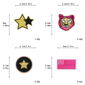 Detailed size view of heart, star, and tiger head embroidery patches for DIY apparel