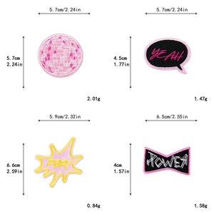 Detailed view of pink embroidery patches with dimensions and textured stitching