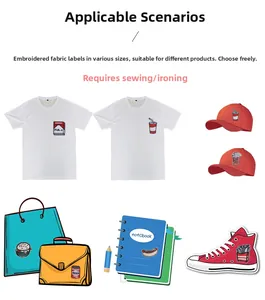 DIY iron-on embroidery patches showing fast food designs on bags, shoes, and caps
