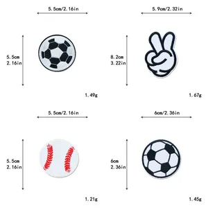 Size chart for embroidered sports patches showing soccer, baseball and hand gesture dimensions