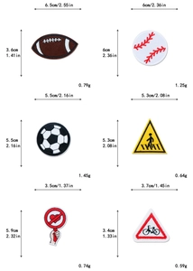 Detailed view of 6-piece sports balls and traffic sign embroidered patches with sizes