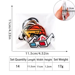 14-piece sports embroidery patch set featuring basketball and 3D glasses designs