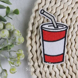 Embroidered soda cup iron-on patch for DIY bags and shoes, 4.1x8.7cm red and white design
