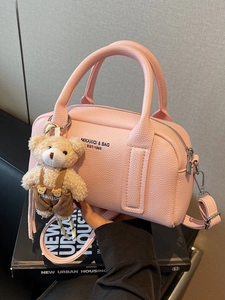 Women's Fashion PU Leather Boston Handbag Lychee Texture Crossbody Bag With Plush Bear Charm Small Bowling Pillow Bag