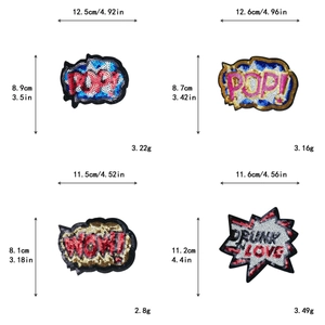 Detail van pailletten borduurpatches met POP en WOW letters en afmetingen in cm en inch