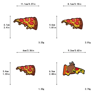 Macro detail of various pizza embroidered patches showing dimensions and precise stitching