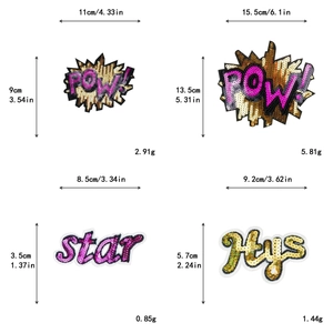 Gedetailleerde maat- en gewichtstabel voor pailletten patches met POW en LOVE thema