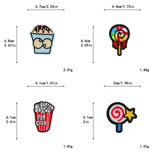 Detailed size chart for candy and popcorn embroidered iron-on patches for DIY clothing