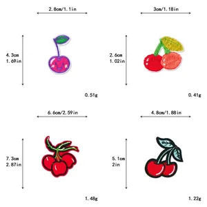 Detailed size chart for embroidered cherry fruit patches showing dimensions and weight