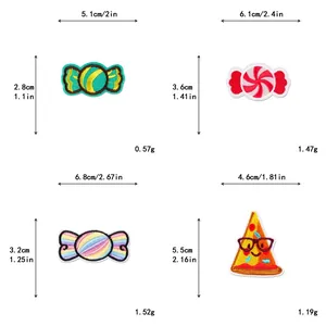 Detailed size chart for candy and pizza embroidery patches with precise measurements
