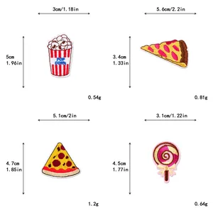 Detailed size chart for popcorn, pizza, and lollipop embroidered iron-on food patches