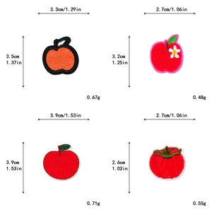 Detail showing various apple embroidery patches with precise dimensions and weights