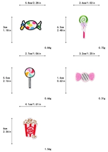 Detailed size and weight chart for candy and popcorn embroidery iron-on patches