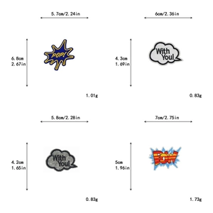 Detailed view of comic-style POW and POP embroidered patches with size and weight metrics