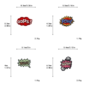 Detailed size guide for comic POW and OOPS embroidered iron-on patches in centimeters