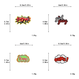 Detailed size and weight guide for POW and Girl Gang embroidered patches on white background