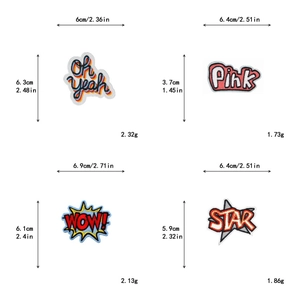 Detailed view of POW explosion letter embroidery patches with size and weight specifications