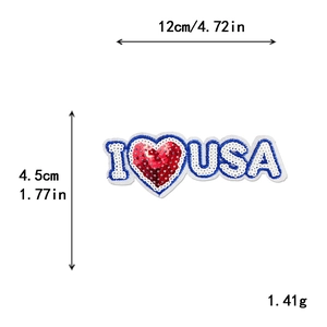 Borduurwerk I Heart USA pailletten patch met afmetingen 12cm x 4.5cm voor DIY kleding