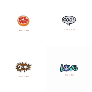 Detailed view of mushroom and lightning love embroidered patches with specific dimensions