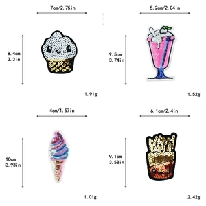 Tabla de tallas para parches de lentejuelas surtidos como cupcakes y helados en 3D