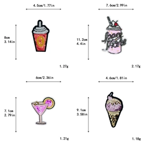 Detalle de parches de lentejuelas de bebidas y helado con especificaciones de medidas