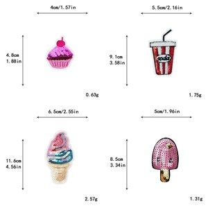 Set de parches de lentejuelas de helado y soda con detalles de tamaño y peso precisos