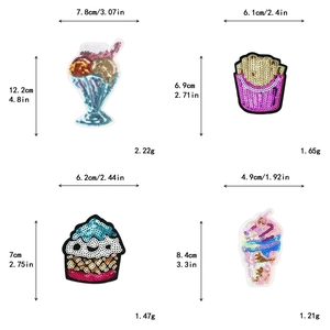 Tabla de tallas para parches de lentejuelas con diseños de cupcakes, helados y patatas