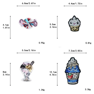 Detalles de tamaño y peso de parches de lentejuelas con diseños de postres y helados