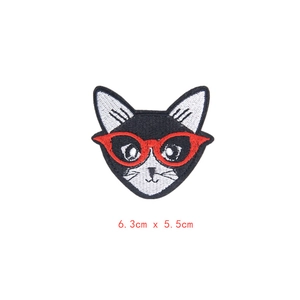Embroidered black and white cat patch with red glasses DIY iron-on applique 6.3cm x 5.5cm