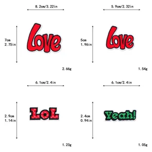 Size guide for embroidered letter patches including Love, LOL, and Yeah designs