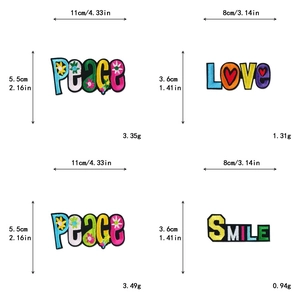 Detailed embroidery letter patches PEACE, LOVE and SMILE with size specifications