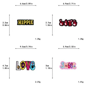 Size chart showing dimensions and weight for four styles of embroidered letter patches