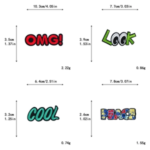 Macro detail of four alphabet embroidery patches with dimensions and weight specs
