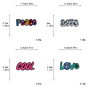 Detail showing various letter embroidery patches with precise stitching and dimensions