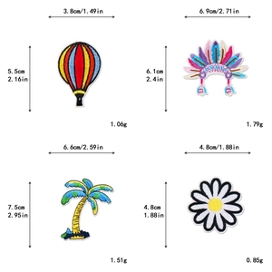 Tableau des tailles pour patchs brodés montgolfière, palmier, marguerite et plumes