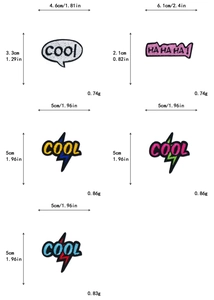 Detailed view of five embroidered cool letter patches for DIY bags and clothing decoration
